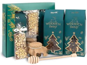 Prezent na mikołajki zestaw prezentowy na święta w pudełku kawa herbata słodycze