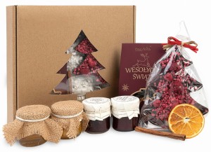 Zestaw prezentowy kosz na święta herbata z czekoladą konfiturki prezent box