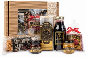 Box prezentowy kraftowy zestaw herbata sok naturalny czekolada miód baton