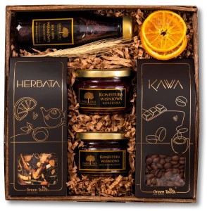 Kosz prezentowy upominek zestaw herbata kawa konfitury wiśniowe i sok nfc