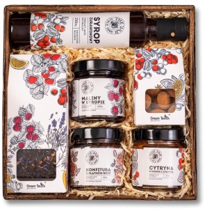 Kosz prezentowy zestaw konfitur the jar herbata migdały w czekoladzie syrop
