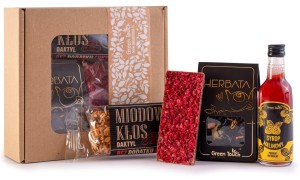 Box prezentowy kraftowy syrop malinowy zestaw herbata czekolada lio baton