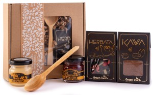 Box prezentowy zestaw z herbatą i kawą czarno złoty miód konfitura łyżka