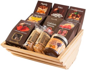 Kosz prezentowy skrzynka zestaw słodyczy owoce liofilizowane w czekoladzie