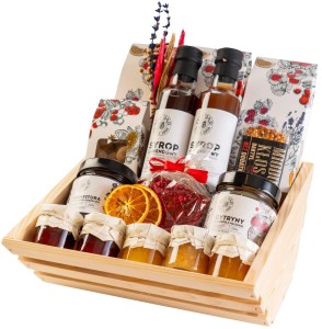 Kosz prezentowy zestaw herbat syropy konfitury czekolada słodycze konfitury