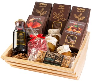 Kosz prezentowy zestaw herbat skrzynka kawa truskawki orzechy w czekoladzie