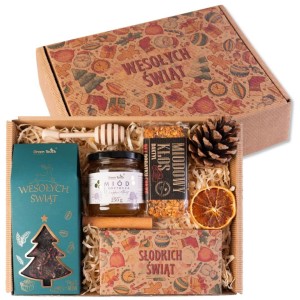 Zestaw prezentowy świąteczny herbata czekolada miód baton prezent pudełko