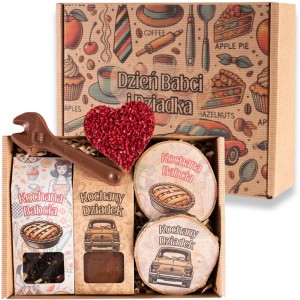 Pudełko prezentowe na dzień babci i dziadka kawa herbata słodycze podkładki z nadrukiem