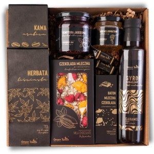 Kosz prezentowy zestaw box herbata kawa syrop czekolada z owocami słodycze