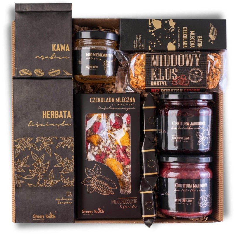 Zestaw prezentowy duzy kosz herbata kawa slodycze kraftowe konfitury miod (1).jpg
