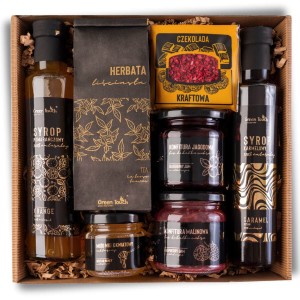 Zestaw kosz prezentowy syrop pomarańczowy karmelowy herbata konfitury miód