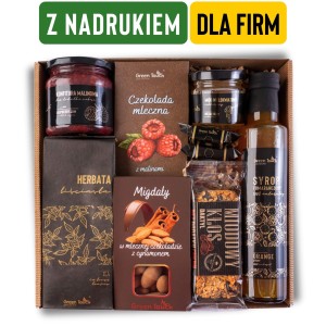Prezent dla firm z logo, zestaw prezentowy z nadrukiem. Kosz prezentowy z herbatami, słodyczami i przetworami