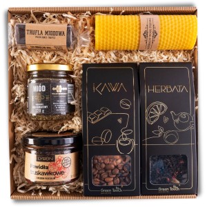 Elegancki kosz prezentowy herbata kawa miód świeca powidła gotowy upominek premium