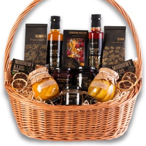 Duży kosz prezentowy naturalny herbata kawa przetwory miód syropy cytryny podziękowanie