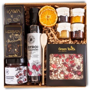 Kosz prezentowy box prezent syrop czekolada konfitury upominek herbata kawa