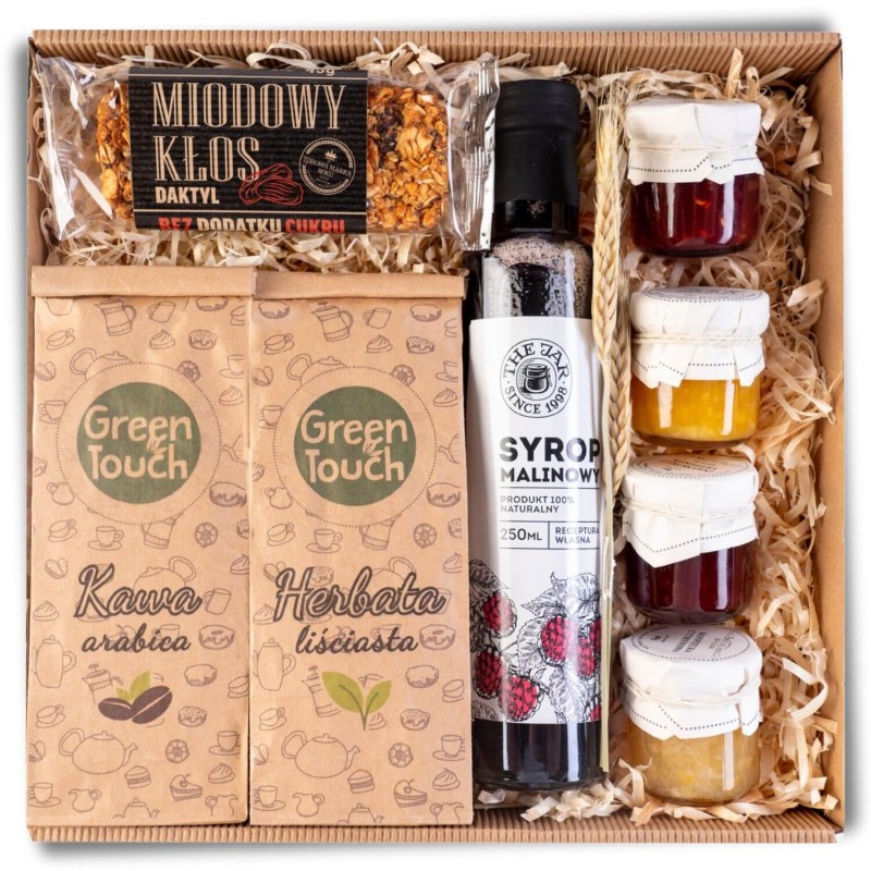 Kosz prezentowy prezent zestaw herbata kawa syrop konfitury baton polski (5).jpg