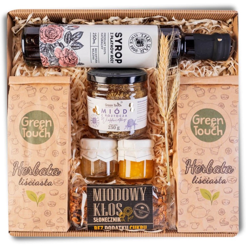 Kosz prezentowy prezent zestaw herbat owocowych syrop różany cytryna miód (4).jpg