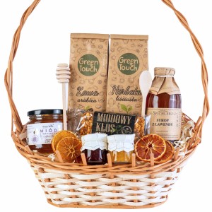 Kosz prezentowy zestaw koszyk na prezent herbata kawa miód syrop słodycze