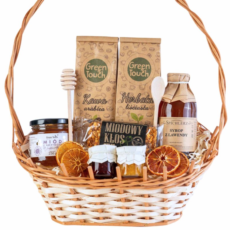 KOSZ PREZENTOWY ZESTAW KOSZYK NA PREZENT HERBATA KAWA MIÓD SYROP SŁODYCZE (2).jpg