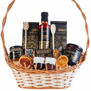 Kosz prezentowy zestaw koszyk na prezent herbata kawa miód syrop karmelowy