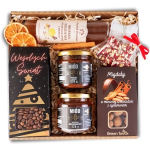 Świąteczny kosz prezentowy miody, kawa, syrop korzenny i słodycze