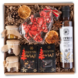 Kosz prezentowy zestaw na święta mikołaja czekolada herbaty paczka syrop mix świąteczny