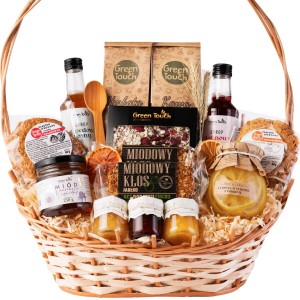 Kosz prezentowy wiklinowy duży zestaw na prezent herbata syropy miód słodycze cytryny