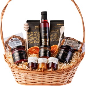 Kosz prezentowy wiklinowy zestaw koszyk na prezent herbata kawa miód syrop konfitury