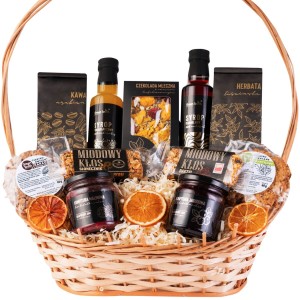 Wiklinowy kosz prezentowy zestaw na prezent herbata kawa syropy czekolada konfitury