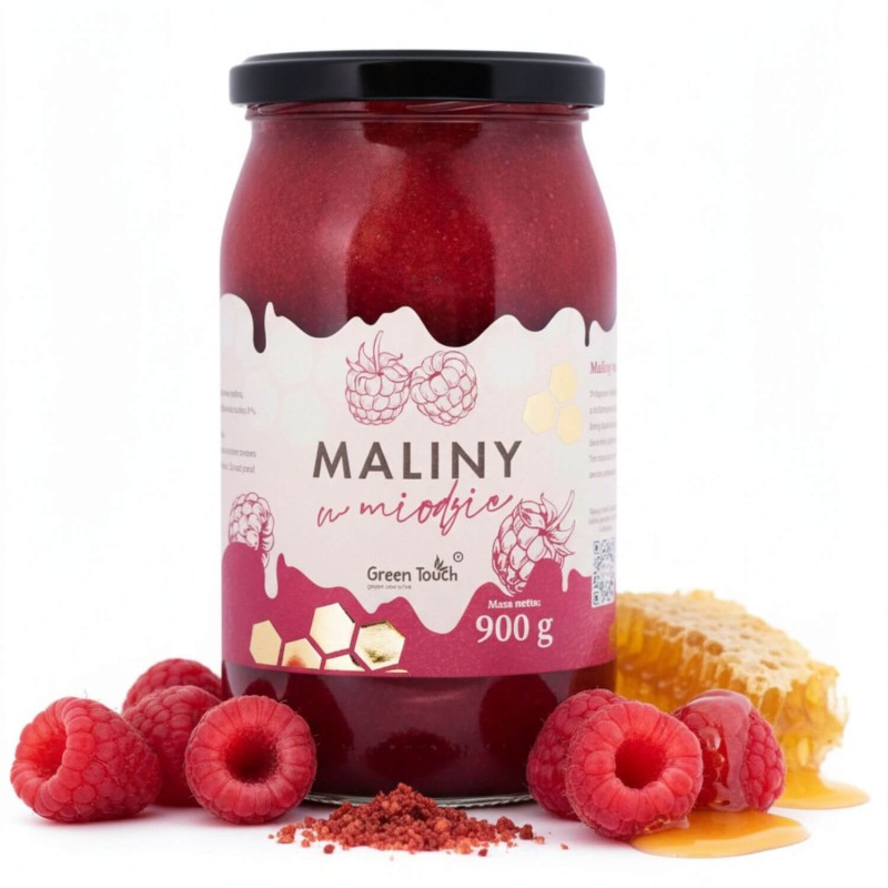 MIÓD Z MALINĄ liofilizowaną 0,9 kg MALINY W MIODZIE 5% malin produkt polski.jpg