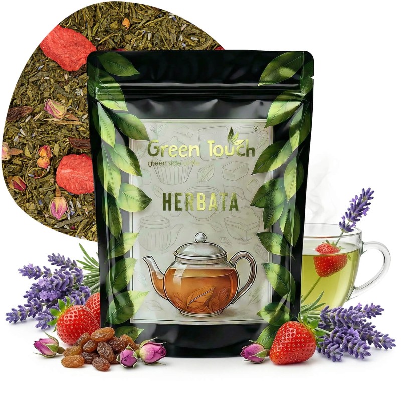 Herbata zielona Truskawki w Szampanie 50 g z truskawką i lawendą.jpg