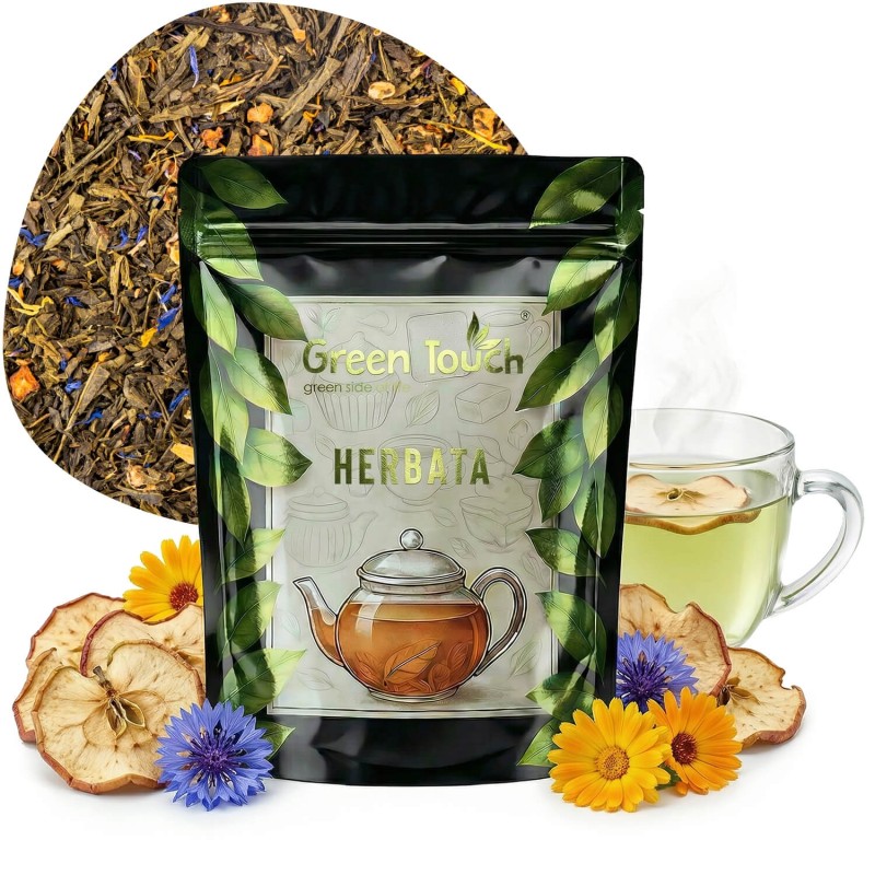 Herbata zielona Poranna Aura 50 g jabłko suszone, nagietek z bławatkiem.jpg