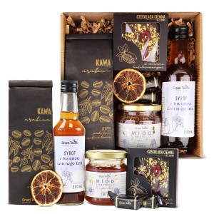 Kosz prezentowy zestaw prezent upominek kawa miód syrop przysmaki