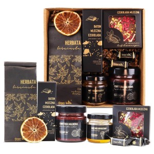Elegancki prezent premium zestaw słodycze herbata miód konfitura kraftowe