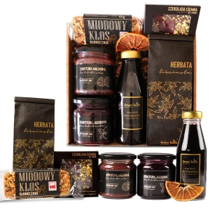 Zestaw kosz prezentowy słodycze bez dodatku cukru prezent herbata czekolada