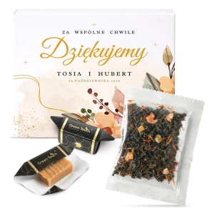 Podziękowanie dla gości upominek ślub wesele komunia chrzest zestaw herbata krówki z nadrukiem