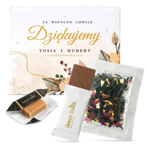 Podziękowanie dla gości upominek ślub wesele komunia chrzest zestaw herbata krówka czekolada w pudełku z nadrukiem