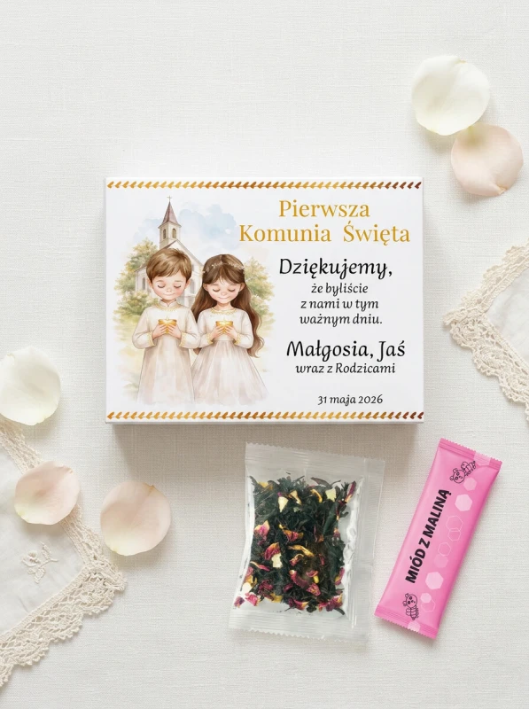Podziękowanie dla gości upominek ślub wesele komunia chrzest zestaw miód z maliną i herbata w pudełku z nadrukiem (1).jpeg