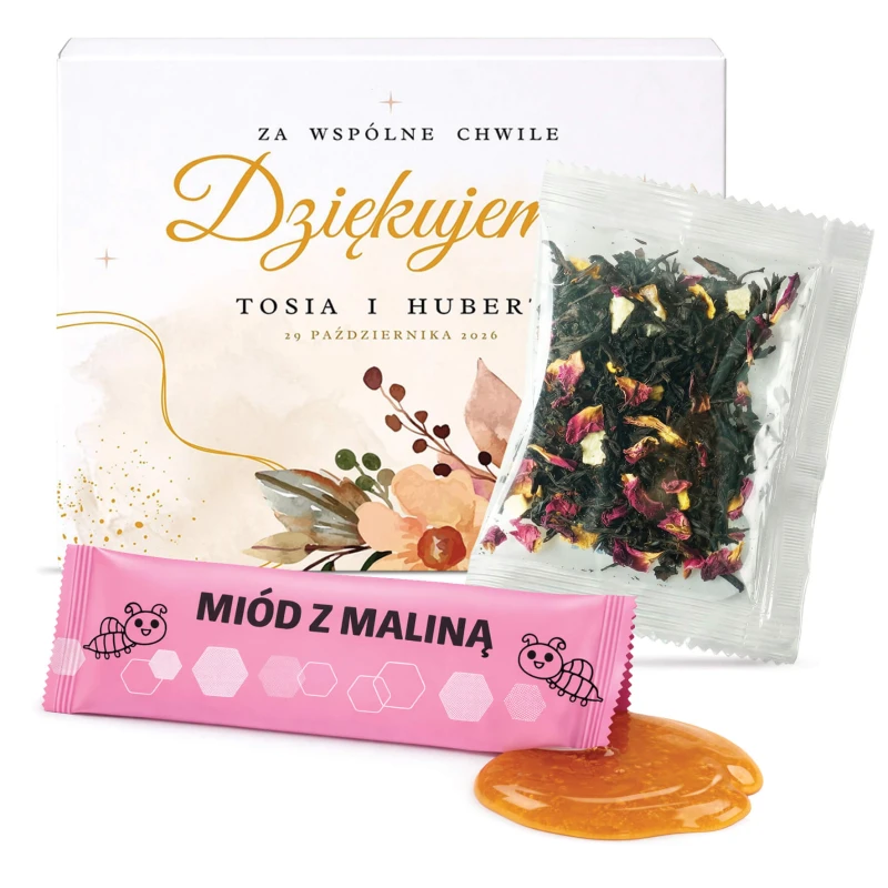 Podziękowanie dla gości upominek ślub wesele komunia chrzest zestaw miód z maliną i herbata w pudełku z nadrukiem (1).jpg