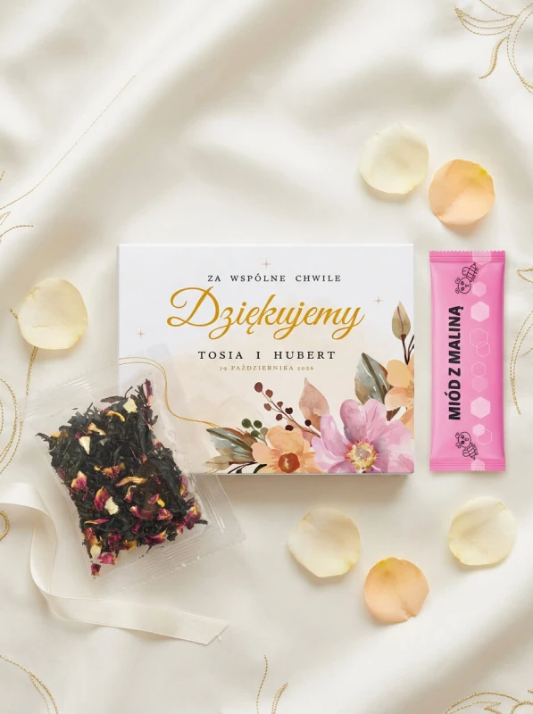 Podziękowanie dla gości upominek ślub wesele komunia chrzest zestaw miód z maliną i herbata w pudełku z nadrukiem (2).jpeg