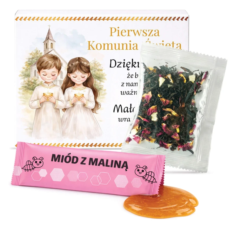 Podziękowanie dla gości upominek ślub wesele komunia chrzest zestaw miód z maliną i herbata w pudełku z nadrukiem (2).jpg