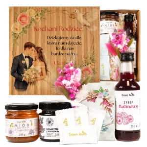 Kosz prezentowy podziękowanie rodziców dziadków i chrzestnych ślub nadruk