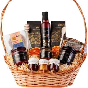Kosz prezentowy wiklinowy zestaw koszyk na prezent herbata kawa miód syrop konfitury