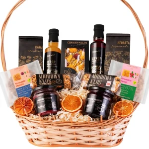 Wiklinowy kosz prezentowy zestaw na prezent herbata kawa syropy czekolada konfitury