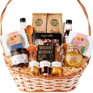 Kosz prezentowy wiklinowy duży zestaw na prezent herbata syropy miód słodycze cytryny