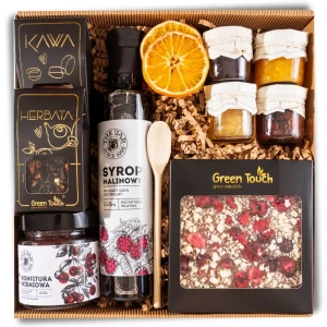 Kosz prezentowy box prezent syrop czekolada konfitury upominek herbata kawa