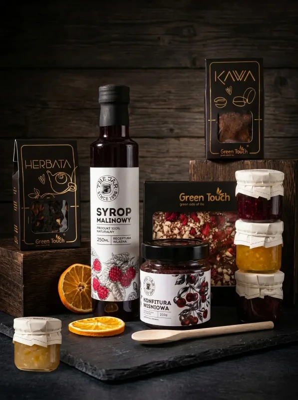 Kosz prezentowy box prezent syrop czekolada konfitury upominek herbata kawa (1).webp