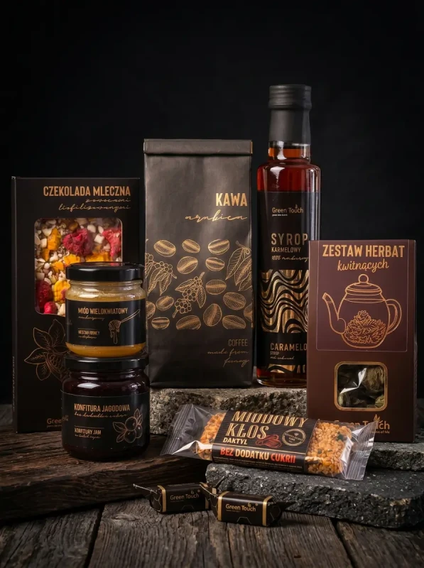 Zestaw prezentowy Green Touch - kawa, herbaty kwitnące, syrop, miód i słodkości (2).webp