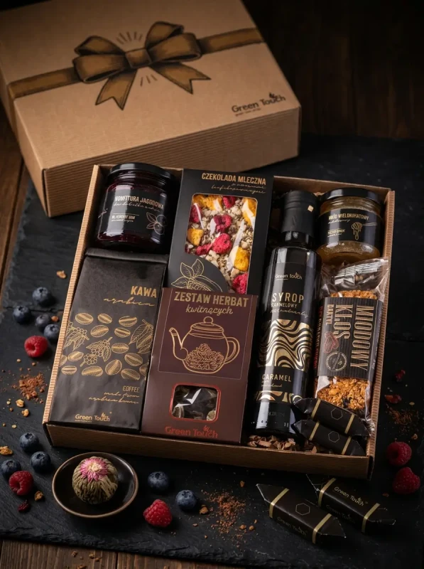 Zestaw prezentowy Green Touch - kawa, herbaty kwitnące, syrop, miód i słodkości (3).webp