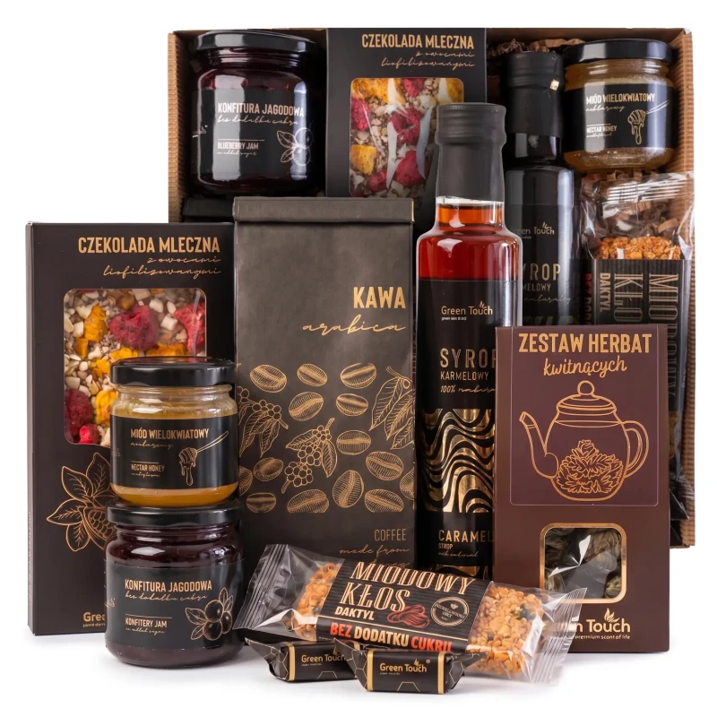 Zestaw prezentowy Green Touch - kawa, herbaty kwitnące, syrop, miód i słodkości (4).webp